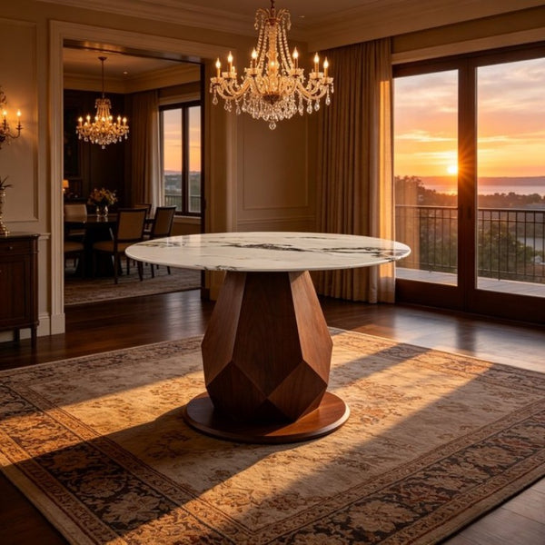 English Elm 44.88 Round Dining Table Walnut Geometric Pedestal Sintered Stone Top Seats Six Valley Gray+Gray,Walnut - A W3732S00042