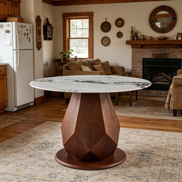 English Elm 44.88 Round Dining Table Walnut Geometric Pedestal Sintered Stone Top Seats Six Valley Gray+Gray,Walnut - A W3732S00042