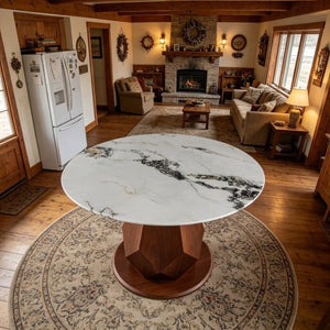 English Elm 44.88 Round Dining Table Walnut Geometric Pedestal Sintered Stone Top Seats Six Valley Gray+Gray,Walnut - A W3732S00042