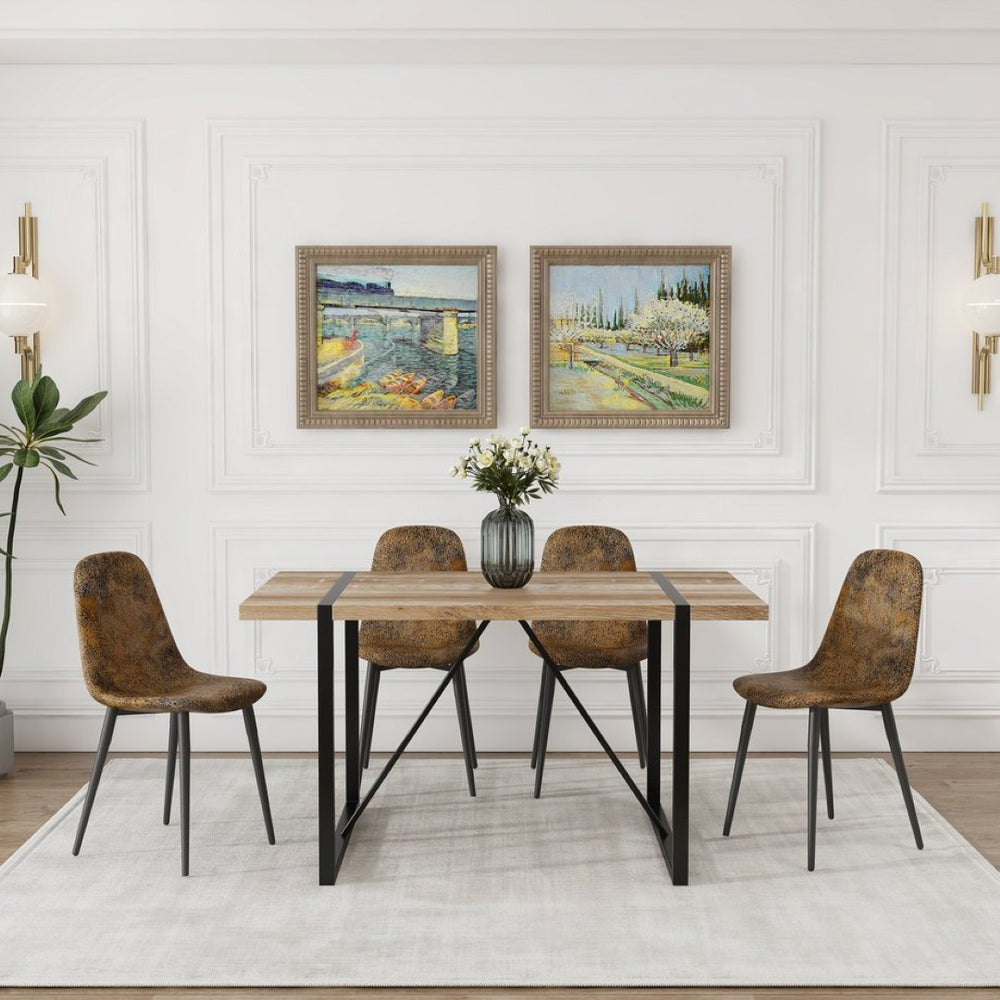 English Elm 55 Inch Mid Century Dining Set Wood Table with Suede Upholstered Chairs Metal Legs W3732S00069
