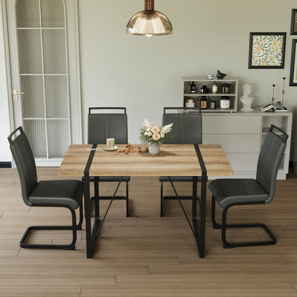 English Elm 55 Inch Industrial Farmhouse Dining Set with MDF Table and Four PU Upholstered Chairs W3732S00072