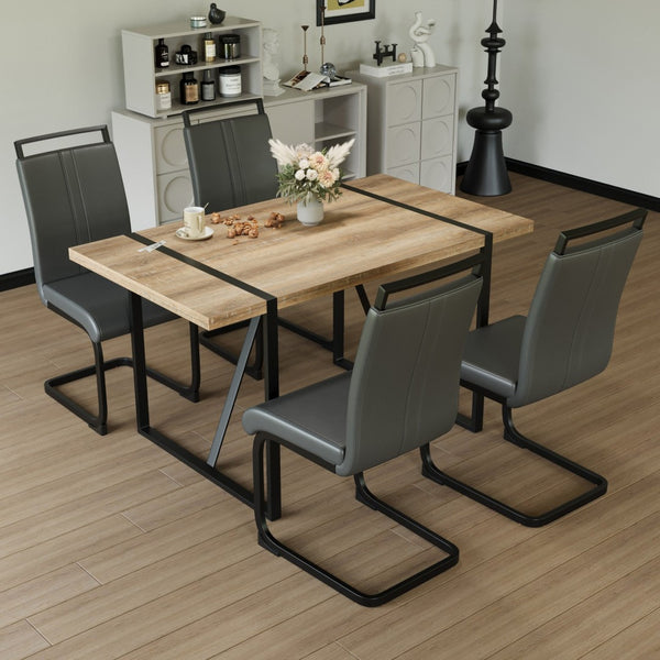 English Elm 55 Inch Industrial Farmhouse Dining Set with MDF Table and Four PU Upholstered Chairs W3732S00072