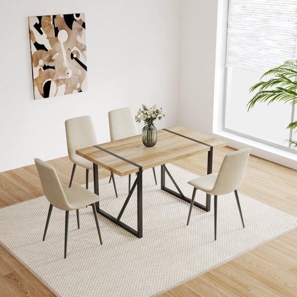 English Elm 55" Mid-century Mdf Dining Table with Four Linen Upholstered Chairs Tapered Metal Legs Natural+Beige W3732S00073