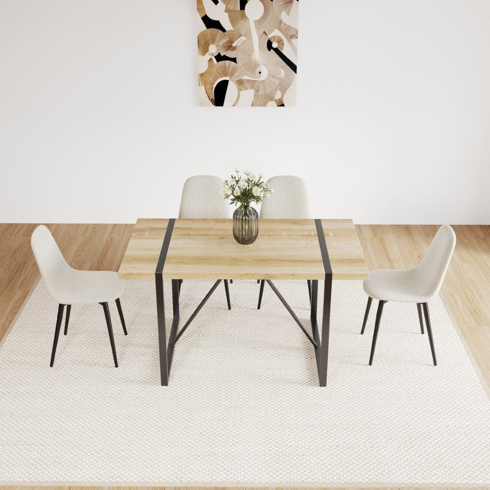 English Elm 55 Inch Mid Century Rectangular Dining Set with Linen Chairs and Tapered Metal Legs W3732S00074