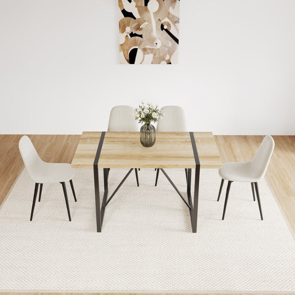 English Elm 55 Inch Mid Century Rectangular Dining Set with Linen Chairs and Tapered Metal Legs W3732S00074
