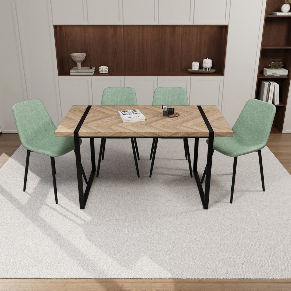 English Elm 59 Inch Industrial Farmhouse Dining Set with Suede Chairs and Matte Black Metal Base Brown+Green W3732S00076