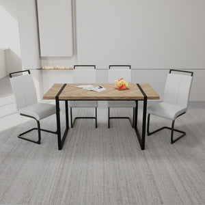 English Elm 59 Inch Farmhouse Industrial Dining Set with MDF Table and Four Upholstered Armless Chairs White+Natural W3732S00077