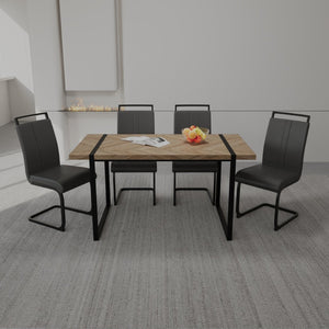 English Elm 59 Inch Farmhouse Industrial Dining Set with MDF Table and Four Upholstered Armless Chairs Black+Brown W3732S00078