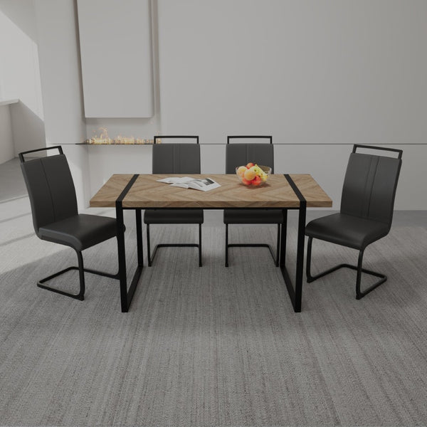 English Elm 59 Inch Farmhouse Industrial Dining Set with MDF Table and Four Upholstered Armless Chairs Black+Brown W3732S00078