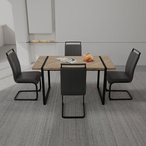 English Elm 59 Inch Farmhouse Industrial Dining Set with MDF Table and Four Upholstered Armless Chairs Black+Brown W3732S00078