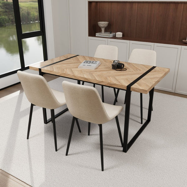 English Elm 59 Inch Industrial Farmhouse Dining Set with Suede Chairs and Matte Black Metal Base Beige+Brown W3732S00080
