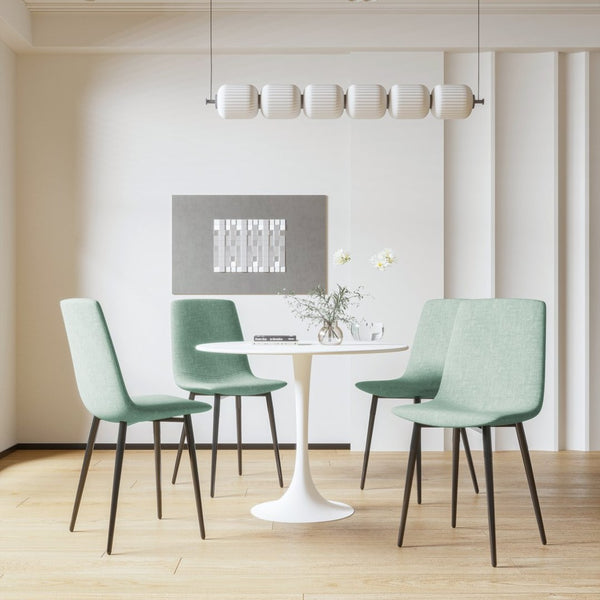 English Elm 31.5" Round Pedestal Dining Set for Four with Linen Chairs and Tulip Base W3732S00081