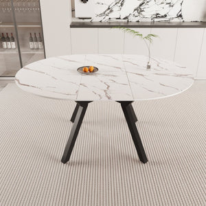 English Elm 47-63 Inch Extendable Round Dining Table White MDF Top Matte Black Legs Seats Six W3732S00082