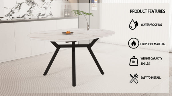 English Elm 47-63 Inch Extendable Round Dining Table White MDF Top Matte Black Legs Seats Six W3732S00082
