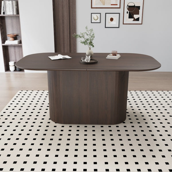 English Elm 63 Inch Mdf Dining Table Seats 8 with Carved Wave Legs Warm Brown Finish W3732S00083