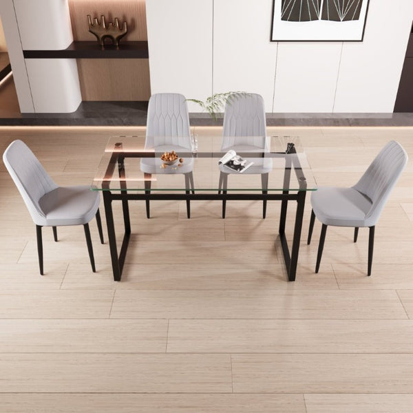 English Elm 51 Inch Modern Glass Dining Set Four Seats Tempered Top with Black Metal Frame W3732S00086