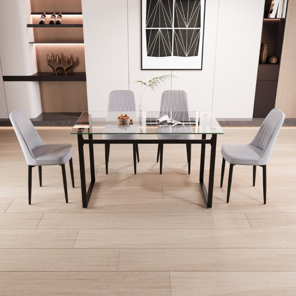 English Elm 51 Inch Modern Glass Dining Set Four Seats Tempered Top with Black Metal Frame W3732S00086