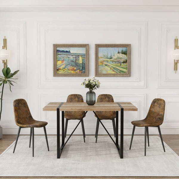 English Elm 55 Inch Mid Century Dining Set Five Piece Solid Wood Table with Suede Upholstered Chairs W3732S00088