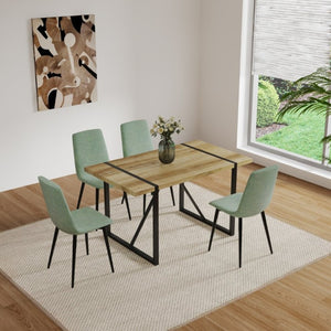 English Elm 55 Inch Mid Century Modern 5 Piece Dining Set with Linen Chairs and Metal Legs Natural Wood W3732S00089