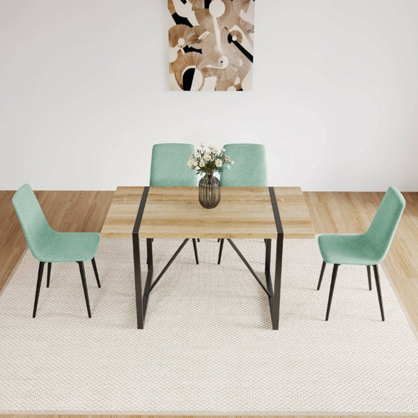 English Elm 55 Inch Mid Century Modern 5 Piece Dining Set with Linen Chairs and Metal Legs Natural Wood W3732S00089