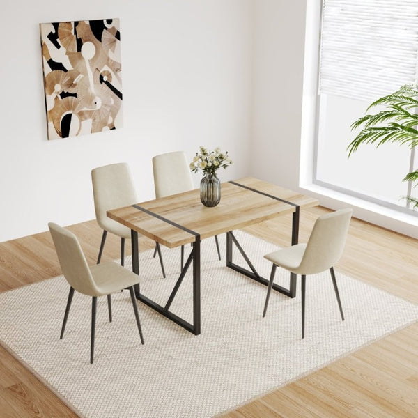 English Elm 55 Inch Mid Century Modern 5 Piece Dining Set with Linen Chairs and Metal Legs Natural+Beige W3732S00092