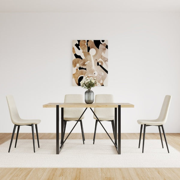 English Elm 55 Inch Mid Century Modern 5 Piece Dining Set with Linen Chairs and Metal Legs Natural+Beige W3732S00092