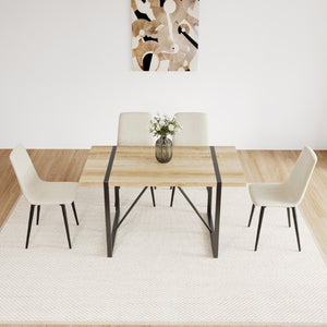 English Elm 55 Inch Mid Century Modern 5 Piece Dining Set with Linen Chairs and Metal Legs Natural+Beige W3732S00092