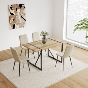English Elm 55 Inch Mid Century Modern 5 Piece Dining Set with Linen Chairs and Metal Legs Natural+Beige W3732S00092