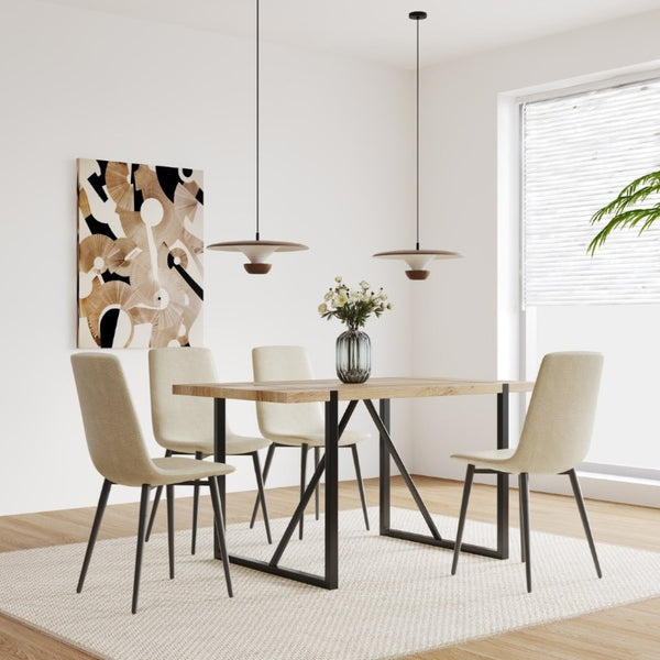 English Elm 55 Inch Mid Century Modern 5 Piece Dining Set with Linen Chairs and Metal Legs Natural+Beige W3732S00092