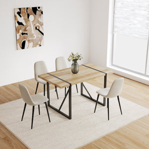 English Elm 55 Inch Mid Century Modern Dining Set with Linen Chairs and Sleek Metal Legs Seats 4 W3732S00093