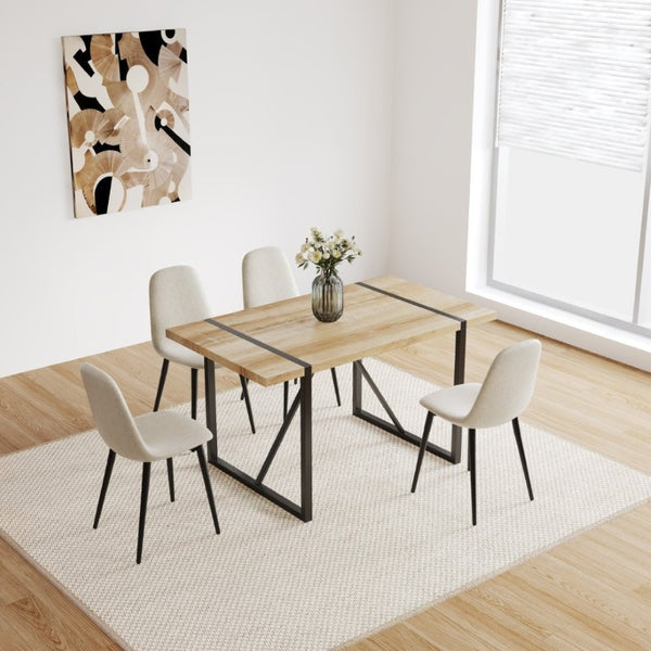 English Elm 55 Inch Mid Century Modern Dining Set with Linen Chairs and Sleek Metal Legs Seats 4 W3732S00093
