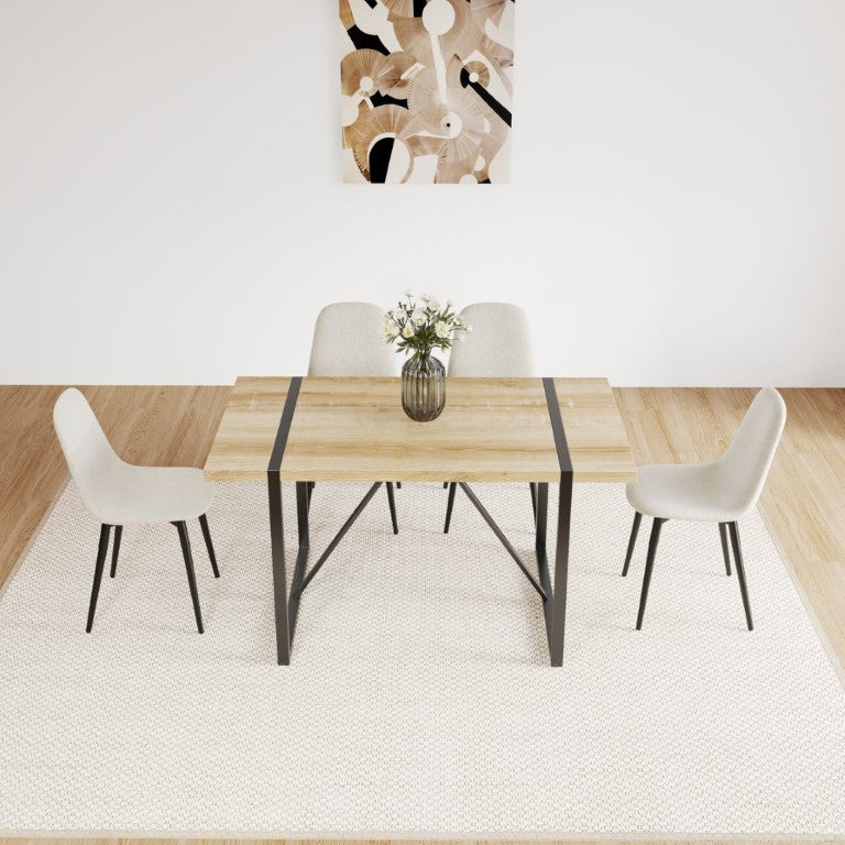 English Elm 55 Inch Mid Century Modern Dining Set with Linen Chairs and Sleek Metal Legs Seats 4 W3732S00093