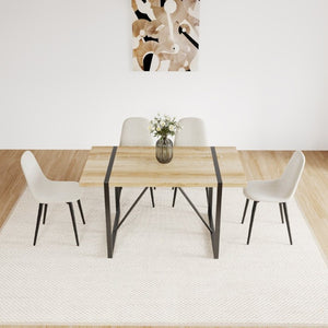 English Elm 55 Inch Mid Century Modern Dining Set with Linen Chairs and Sleek Metal Legs Seats 4 W3732S00093