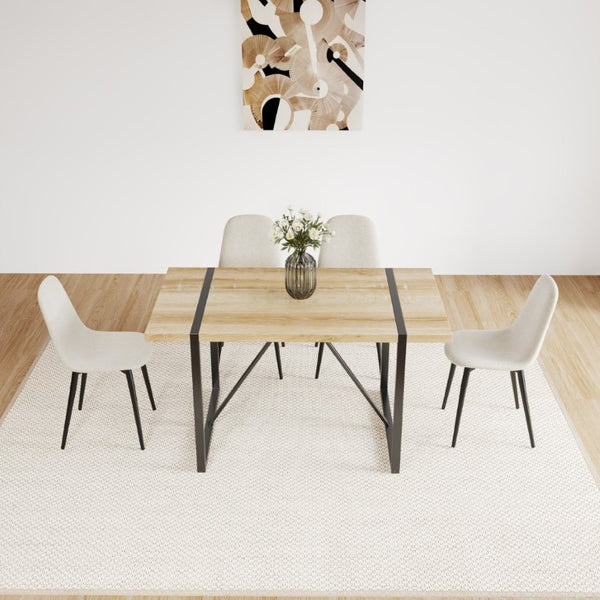English Elm 55 Inch Mid Century Modern Dining Set with Linen Chairs and Sleek Metal Legs Seats 4 W3732S00093