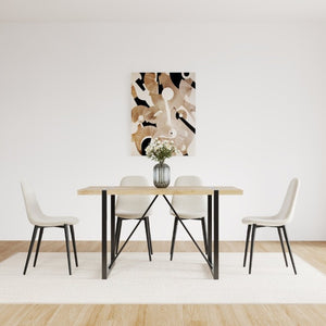 English Elm 55 Inch Mid Century Modern Dining Set with Linen Chairs and Sleek Metal Legs Seats 4 W3732S00093