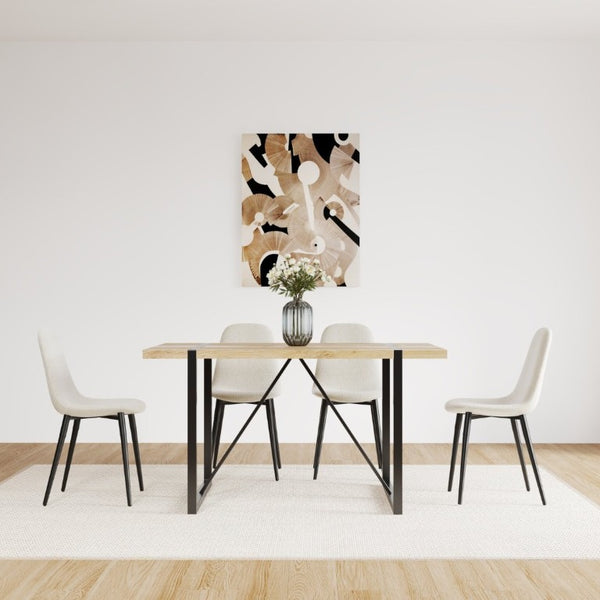 English Elm 55 Inch Mid Century Modern Dining Set with Linen Chairs and Sleek Metal Legs Seats 4 W3732S00093
