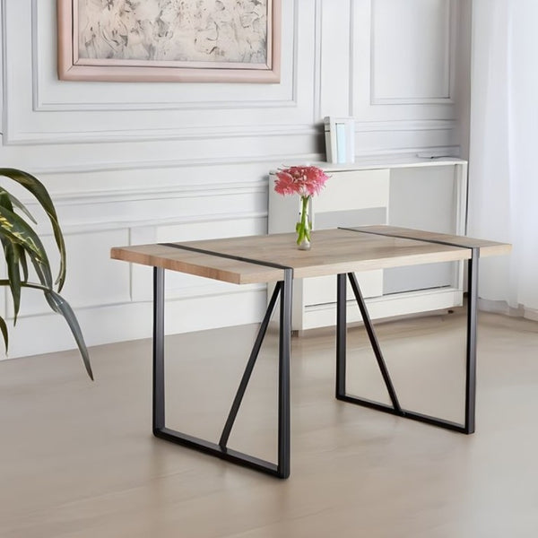 English Elm 55 Inch Mid Century Modern Dining Set with Linen Chairs and Sleek Metal Legs Seats 4 W3732S00093