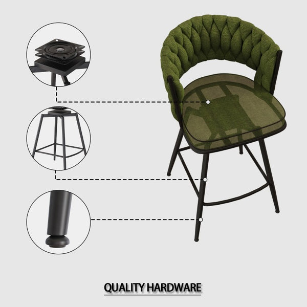 English Elm 26 Inch Swivel Barstools Set of 4 Woven Back Upholstered Seats with Metal Base W3732S00094