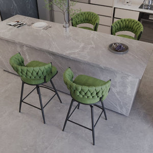 English Elm 26 Inch Swivel Barstools Set of 4 Woven Back Upholstered Seats with Metal Base W3732S00094