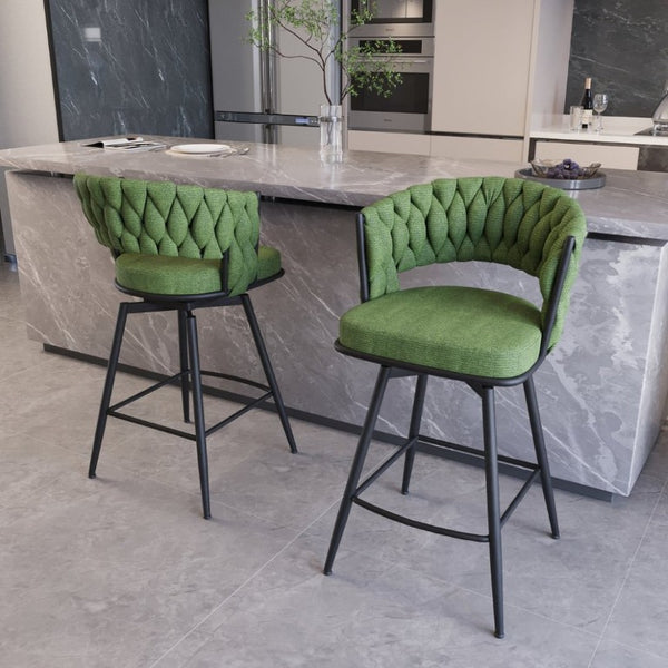 English Elm 26 Inch Swivel Barstools Set of 4 Woven Back Upholstered Seats with Metal Base W3732S00094