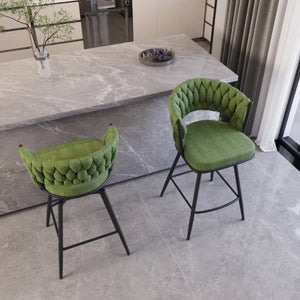 English Elm 26 Inch Swivel Barstools Set of 4 Woven Back Upholstered Seats with Metal Base W3732S00094