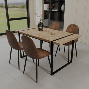 English Elm 59 Inch 5 Piece Industrial Dining Set with MDF Table Matte Black Base Suede Chairs W3732S00095