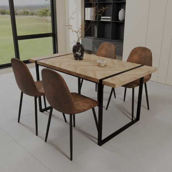 English Elm 59 Inch 5 Piece Industrial Dining Set with MDF Table Matte Black Base Suede Chairs W3732S00095