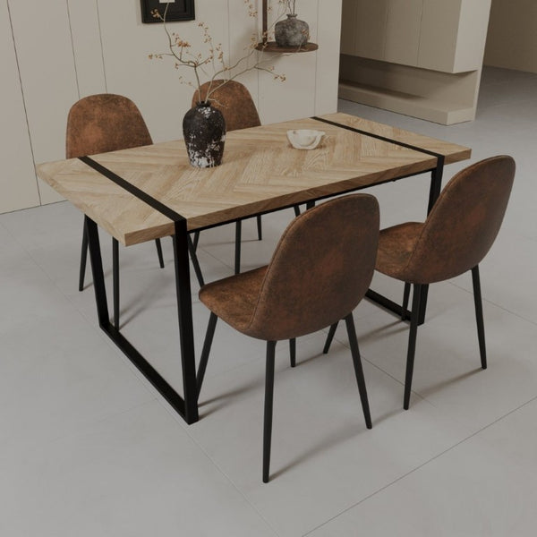 English Elm 59 Inch 5 Piece Industrial Dining Set with MDF Table Matte Black Base Suede Chairs W3732S00095