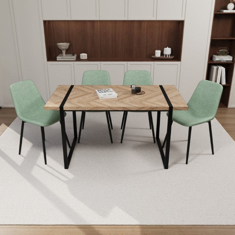 English Elm 59 Inch Light Wood MDF Dining Table Set with Four Suede Chairs and Matte Black Metal Base Brown+Green W3732S00096