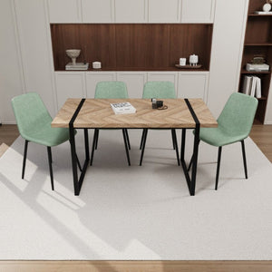 English Elm 59 Inch Light Wood MDF Dining Table Set with Four Suede Chairs and Matte Black Metal Base Brown+Green W3732S00096