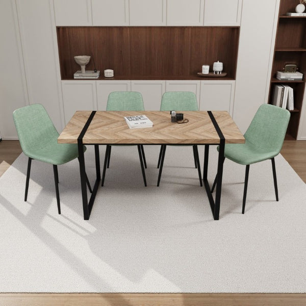 English Elm 59 Inch Light Wood MDF Dining Table Set with Four Suede Chairs and Matte Black Metal Base Brown+Green W3732S00096