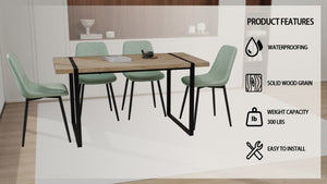English Elm 59 Inch Light Wood MDF Dining Table Set with Four Suede Chairs and Matte Black Metal Base Brown+Green W3732S00096