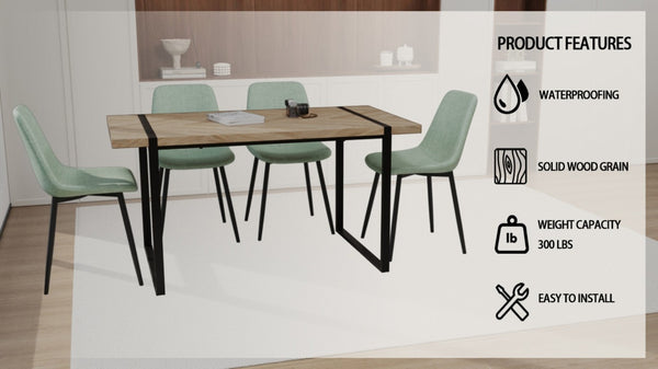 English Elm 59 Inch Light Wood MDF Dining Table Set with Four Suede Chairs and Matte Black Metal Base Brown+Green W3732S00096