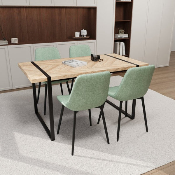 English Elm 59 Inch Light Wood MDF Dining Table Set with Four Suede Chairs and Matte Black Metal Base Brown+Green W3732S00096